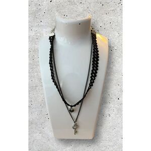 Heart & Key Silver and Black Ribbon Necklace Goth Y2K